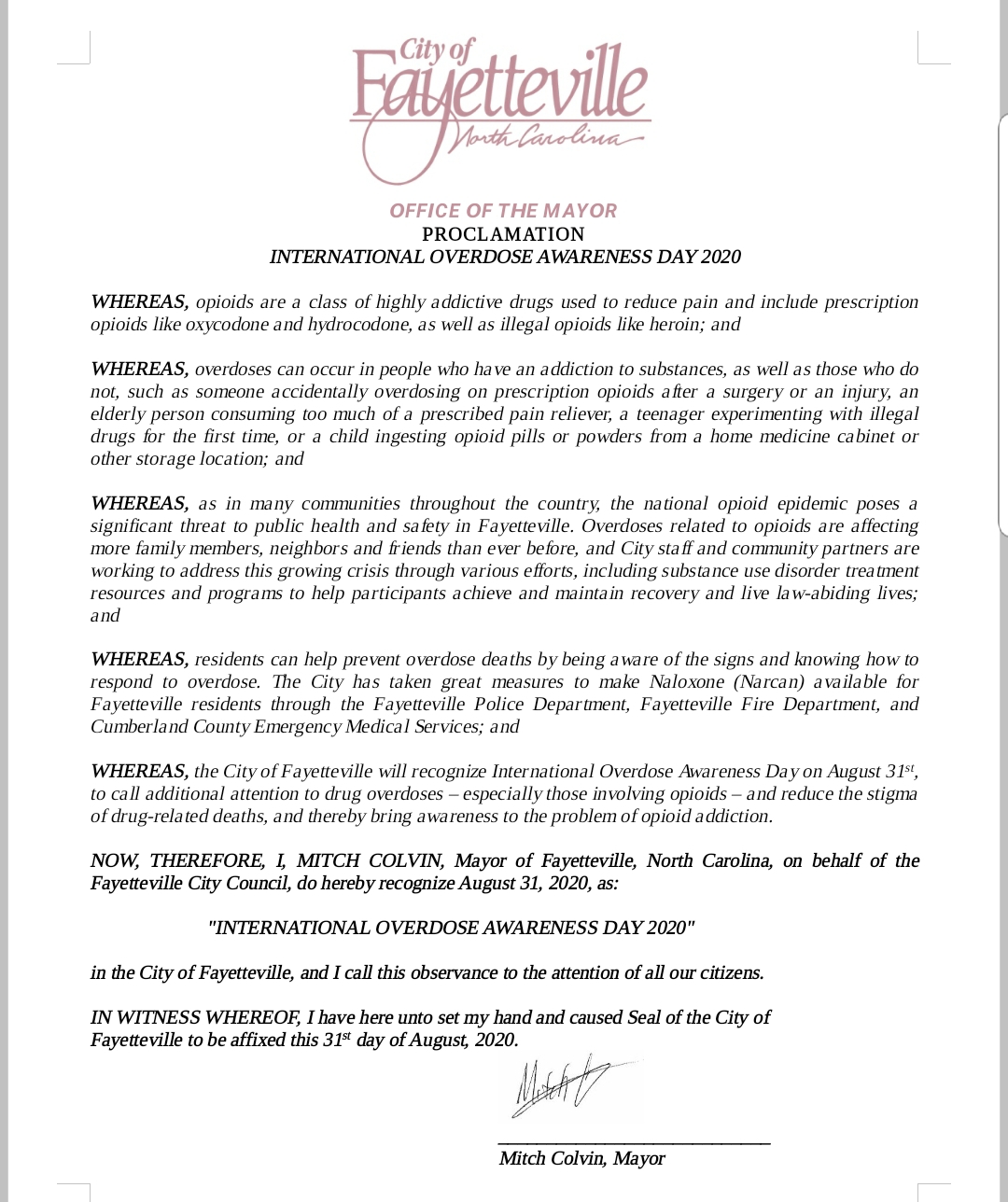 Fayetteville Mayor Colvin Signs Overdose Awareness Day Proclamation